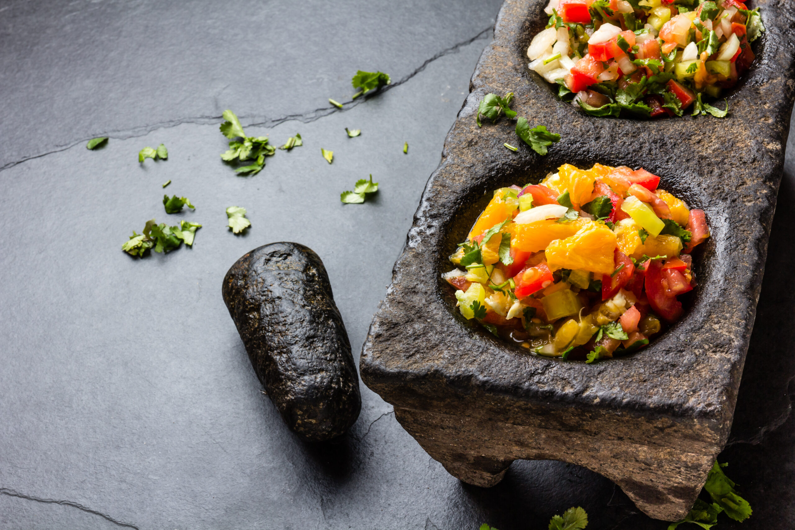 Famous Mexican Sauces Salsas Pico De Gallo, Salsa Bandera Mexicana In Stone Mortars On Gray Slate Background